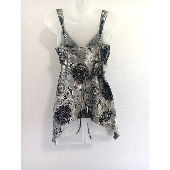 Y2K Babydoll Top Medium Gray Romantic Floral Satin Boho Fairy Grunge Whimsigoth - Picture 6 of 15